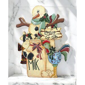Handcrafted Wood Block Christmas Snowman Farmhouse Rustic Decor Rooster Cow